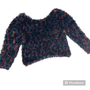 Vintage Cropped Fuzzy 3/4 Sleeve Sweater Womens Colorful Multicolor Stretch Vtg